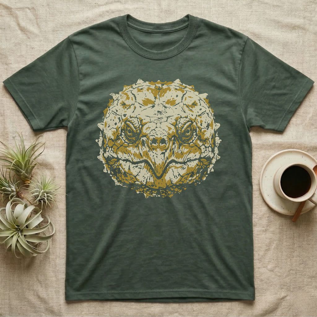 Alligator Snapper Face T-Shirt in Military Green — Two-ink stencil of an alligator snapping turtle face, head-on, hooked beak closed, olive-gold eyes on black.