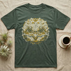 Alligator Snapper Face T-Shirt in Military Green — Two-ink stencil of an alligator snapping turtle face, head-on, hooked beak closed, olive-gold eyes on black.