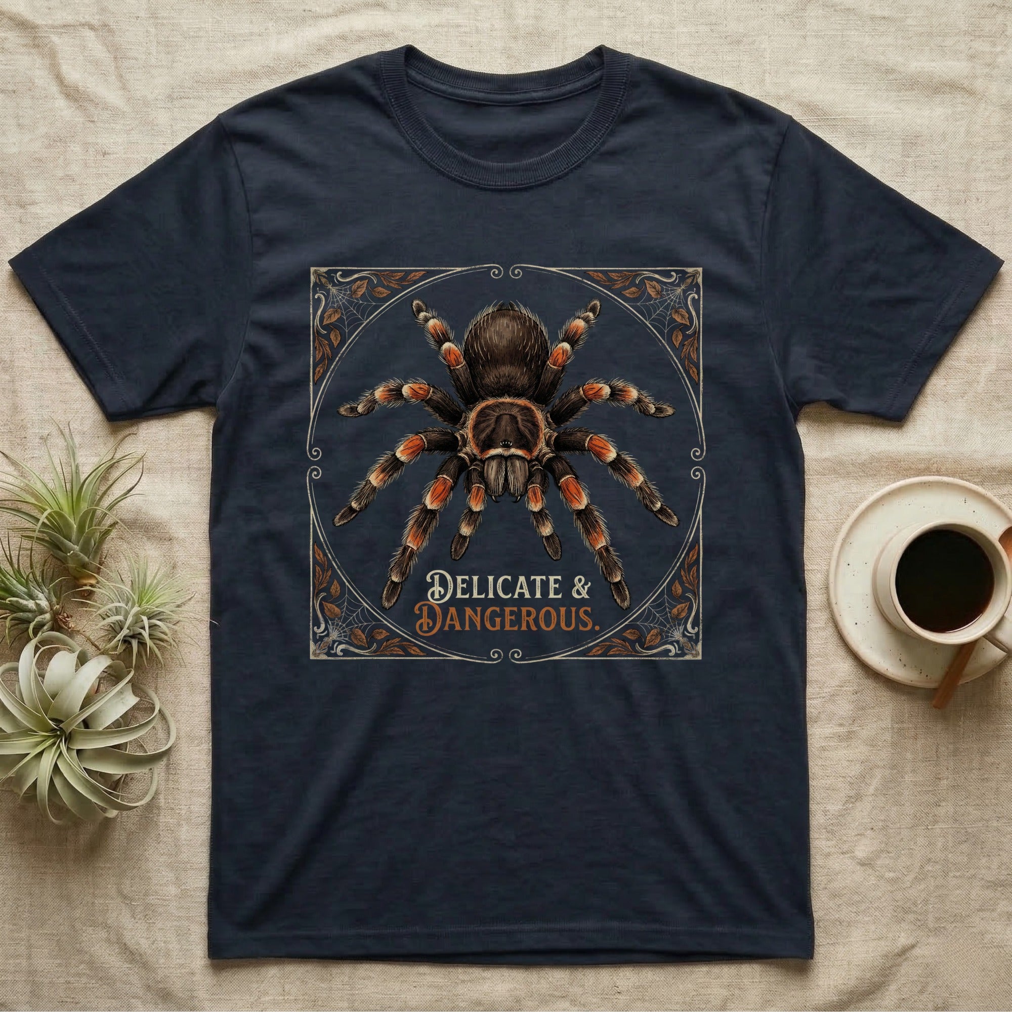 T-shirt with a tarantula design and text "DELICATE & DANGEROUS".