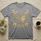 Grey t-shirt with a decorative praying mantis and floral border.