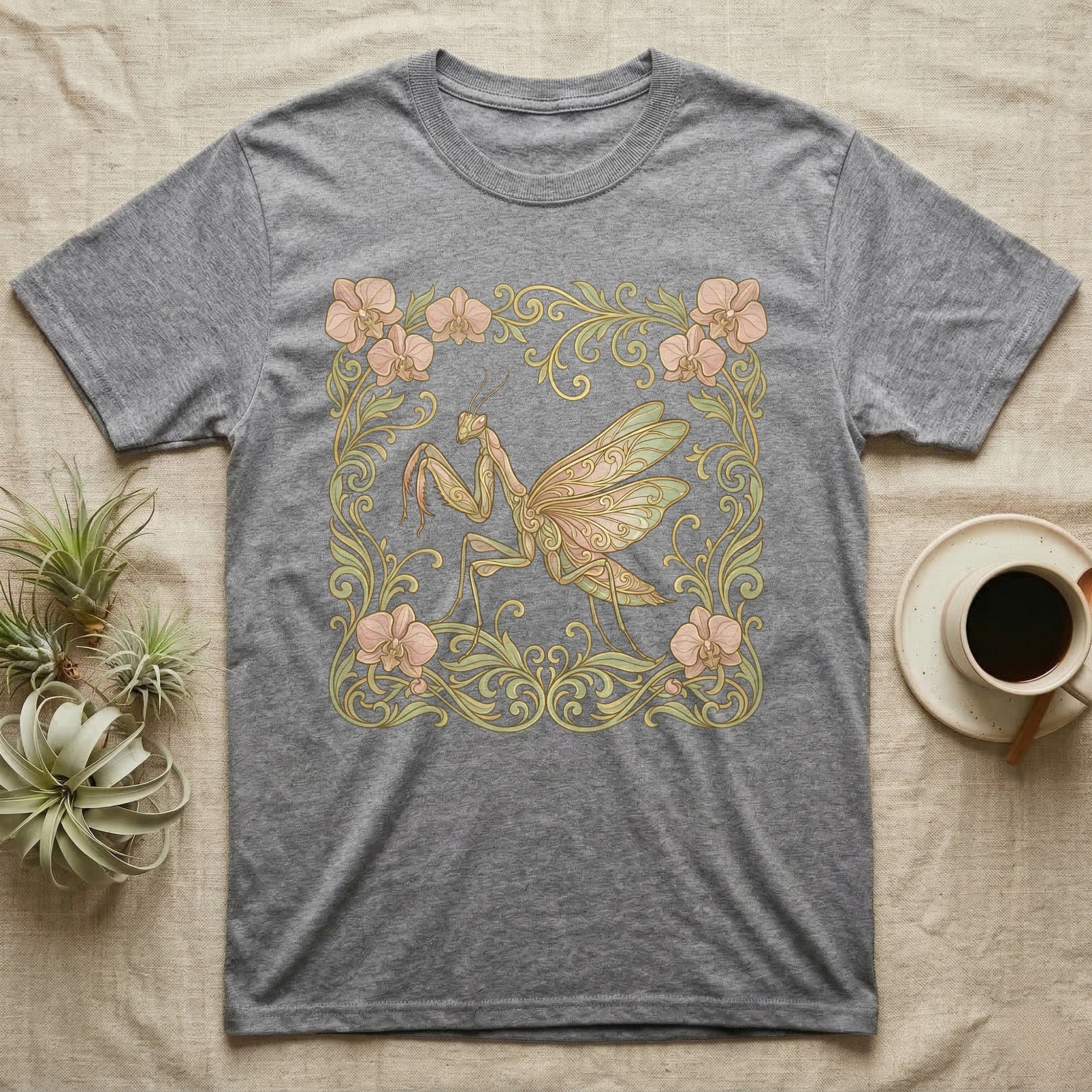 Grey t-shirt with a decorative praying mantis and floral border.