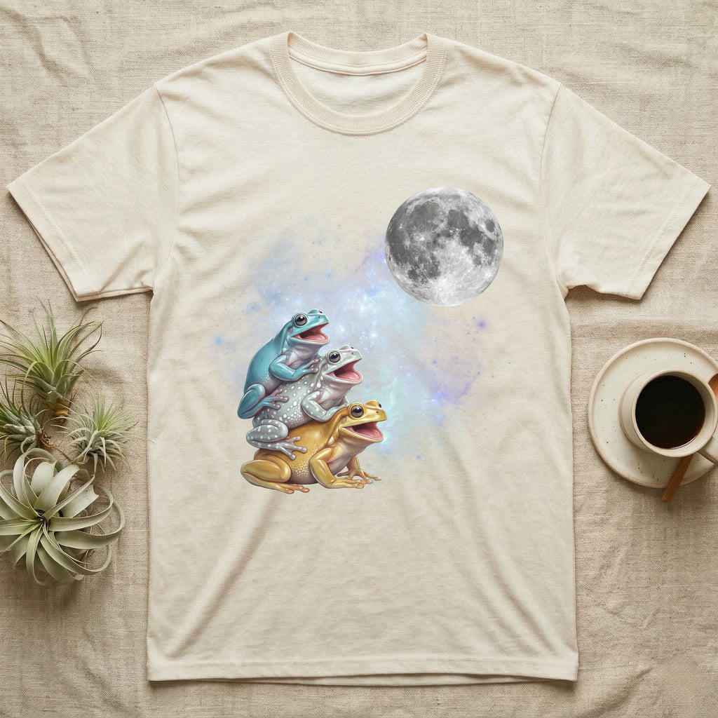 White's Tree Frog Moon Howl T-Shirt in Natural — Three White's Tree Frog colour morphs howling at a full moon over a nebula on a dark grey t-shirt.