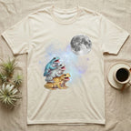 White's Tree Frog Moon Howl T-Shirt in Natural — Three White's Tree Frog colour morphs howling at a full moon over a nebula on a dark grey t-shirt.