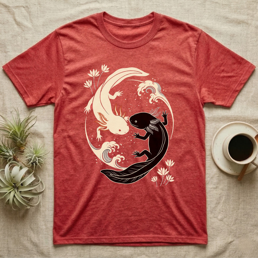 Axolotl Yin-Yang T-Shirt in Heather Red — Japanese woodblock style print of a cream axolotl with red gills and a black axolotl curled nose to nose into a circle with waves and water lilies