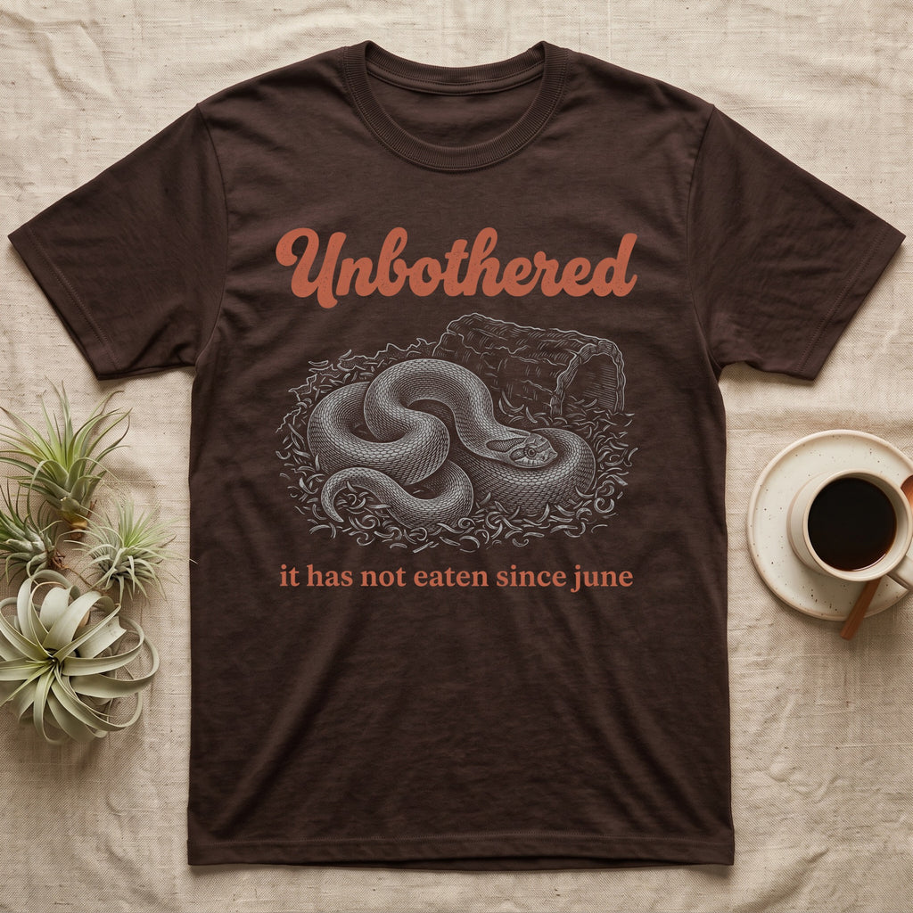 Western Hognose Unbothered T-Shirt in Dark Chocolate — White engraved western hognose snake coiled in loose substrate beside a hide, under the word Unbothered and above it has not eaten since june.