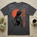 Bearded Dragon Hall Monitor T-Shirt in Dark Heather — Coarse halftone illustration of a bearded dragon mid-stride, a distressed vermilion disc behind and HALL MONITOR alongside.