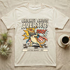 Bearded Dragon Superhero T-Shirt in Natural — Retro comic bearded dragon superhero in a flag cape with a 250 blast and text Cricket Crisis Averted, Captain Beardy.