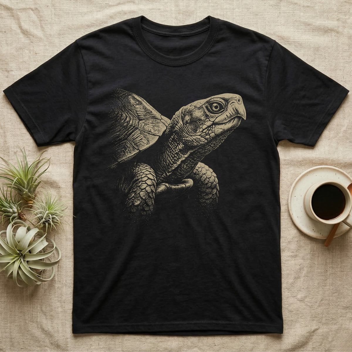 Box Turtle Portrait T-Shirt in Black — Single-ink eastern box turtle portrait in near-profile, lit hard from one side and dissolving into black.