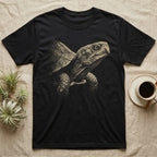 Box Turtle Portrait T-Shirt in Black — Single-ink eastern box turtle portrait in near-profile, lit hard from one side and dissolving into black.