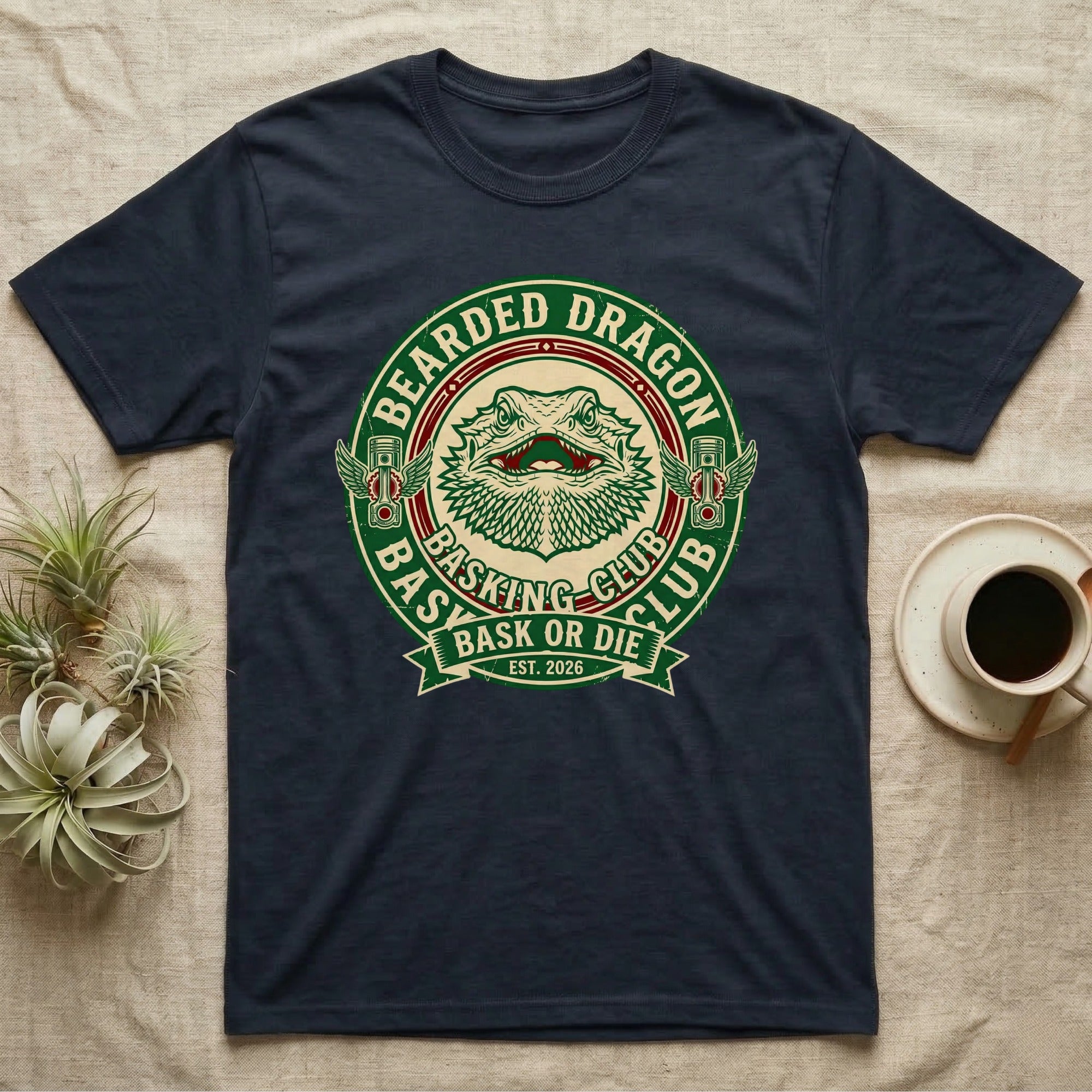 Dark t-shirt with green bearded dragon logo and "Bearded Dragon Basking Club" text.