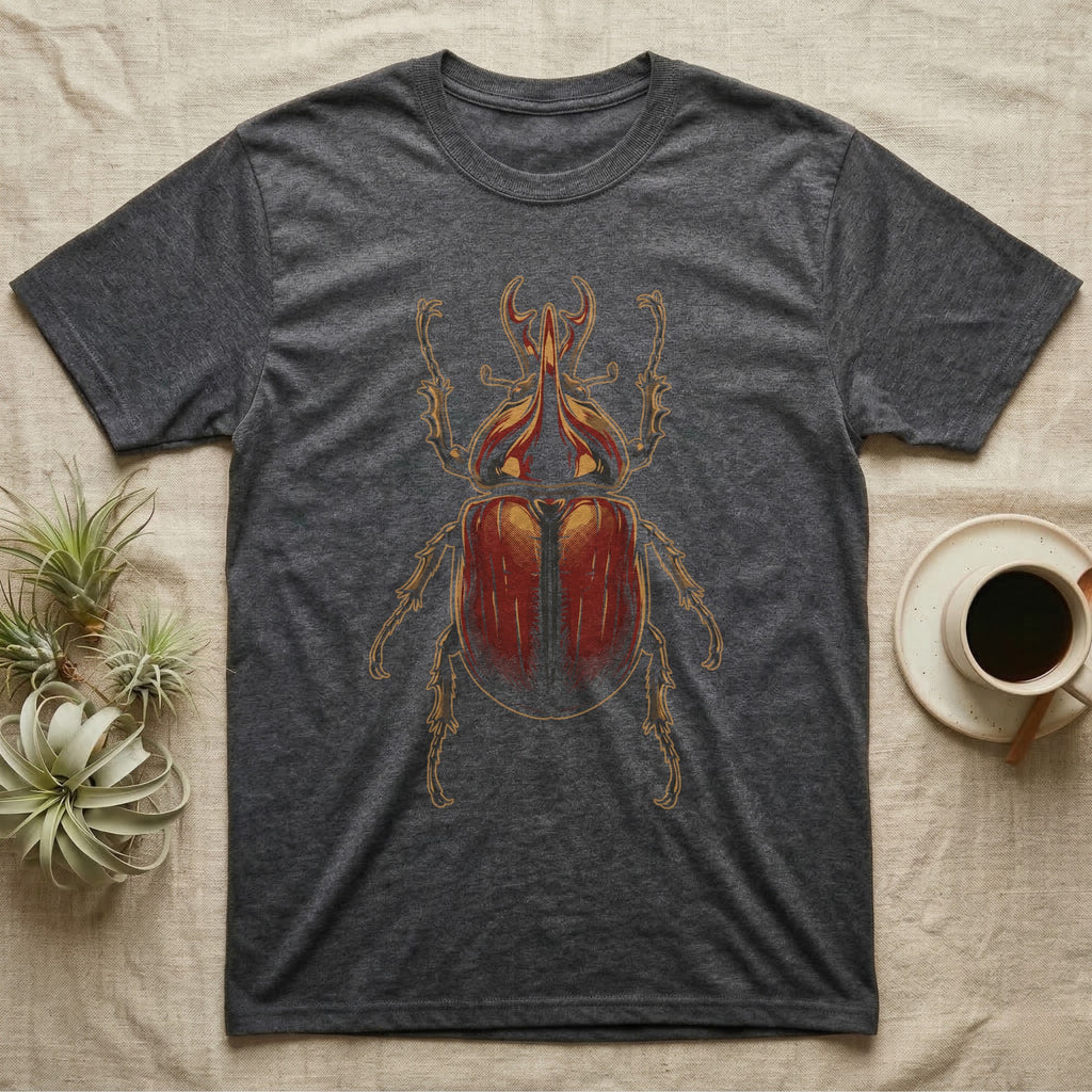 Dorsal-view illustration of a rhinoceros beetle with a forked amber horn and rust-red elytra in bold vintage comic ink line and halftone shading, no on-shirt text. — shown on a Dark Heather tee.