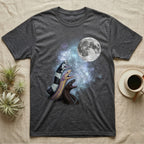 California Kingsnake Moon Howl T-Shirt in Dark Heather — Three California Kingsnake colour morphs howling at a full moon over a nebula on a dark grey t-shirt.
