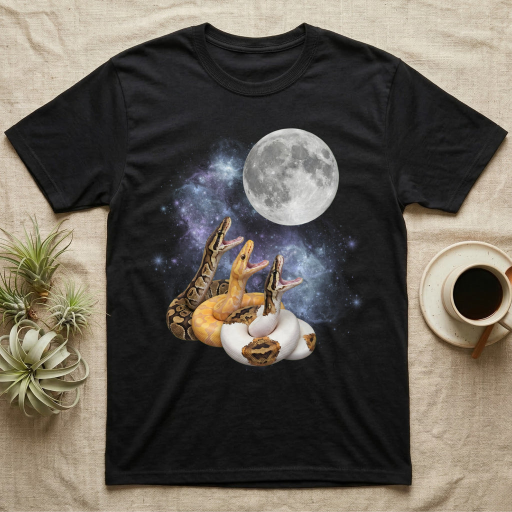 Ball Python Moon Howl T-Shirt in Black — Three Ball Python colour morphs howling at a full moon over a nebula on a dark grey t-shirt.