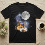 Ball Python Moon Howl T-Shirt in Black — Three Ball Python colour morphs howling at a full moon over a nebula on a dark grey t-shirt.
