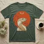 Western Hognose Disc Portrait T-Shirt in Military Green — Western hognose snake bust portrait on a flat distressed orange disc in warm sand tones on grey