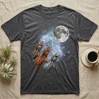 Gargoyle Gecko Moon Howl T-Shirt in Dark Heather — Three Gargoyle Gecko colour morphs howling at a full moon over a nebula on a dark grey t-shirt.