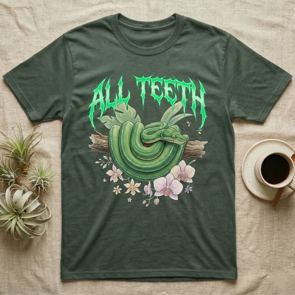 Emerald Tree Boa Feral T-Shirt in Military Green — Coiled emerald tree boa on a branch below a dripping emerald-green metal "All Teeth" wordmark