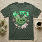 Emerald Tree Boa Feral T-Shirt in Military Green — Coiled emerald tree boa on a branch below a dripping emerald-green metal "All Teeth" wordmark