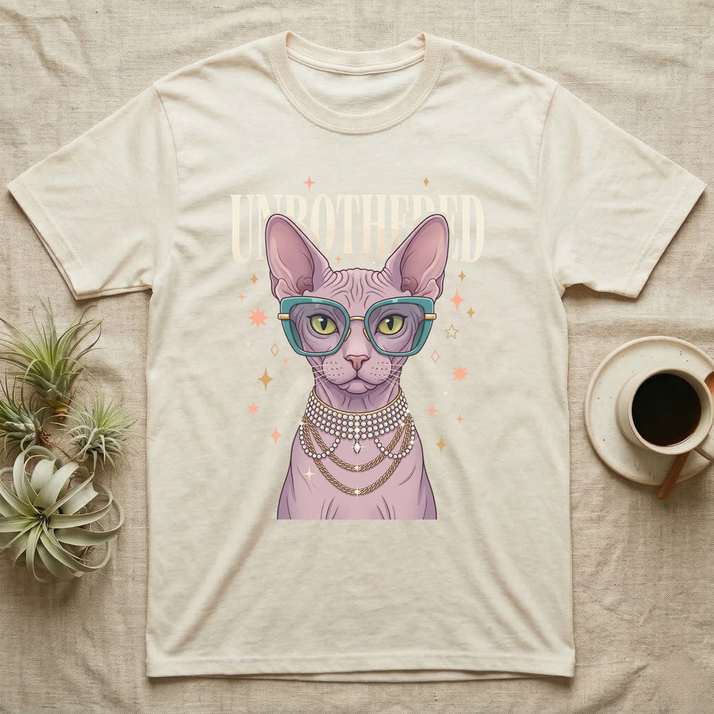 Sphynx cat wearing glasses and pearl necklace, "Unbothered" text.