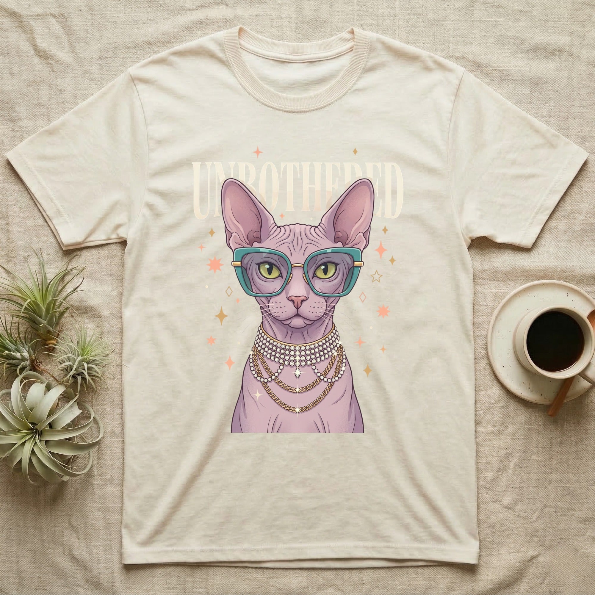Sphynx cat wearing glasses and pearl necklace, "Unbothered" text.