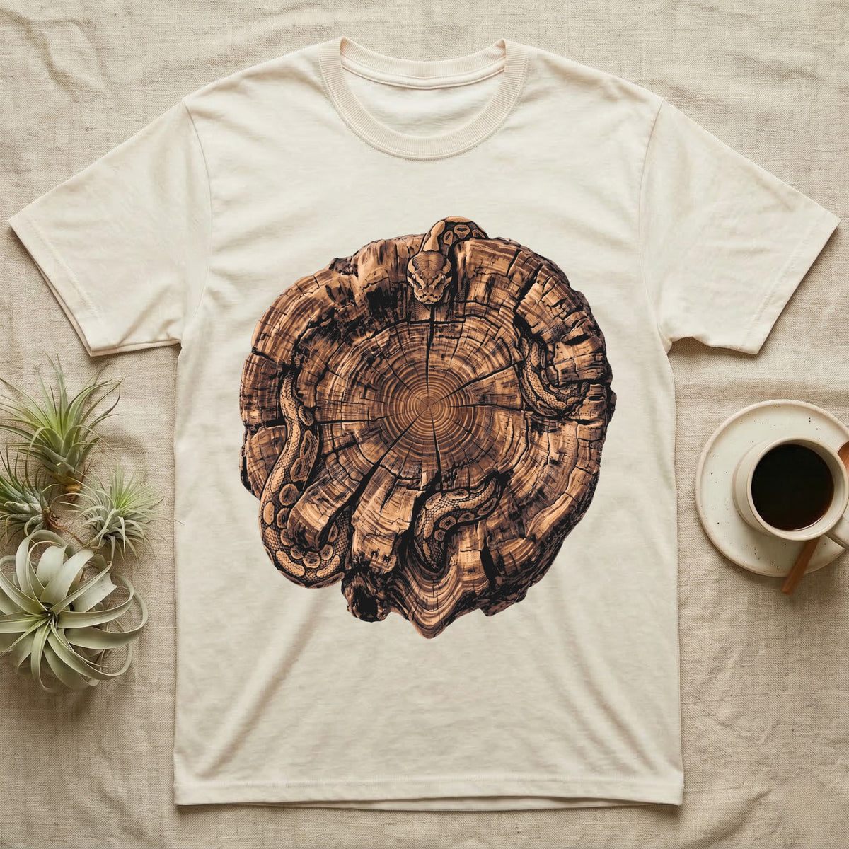 Ball Python Stump Coil T-Shirt in Natural — Pyrography-style illustration of a ball python threaded through the charred radial cracks of a cross-section log, no on-shirt text.