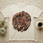 Ball Python Stump Coil T-Shirt in Natural — Pyrography-style illustration of a ball python threaded through the charred radial cracks of a cross-section log, no on-shirt text.