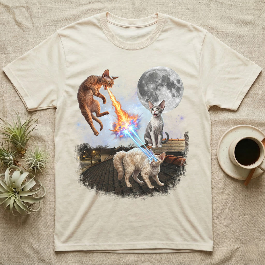 Cats on a rooftop shooting lasers at the moon with a coffee cup nearby.