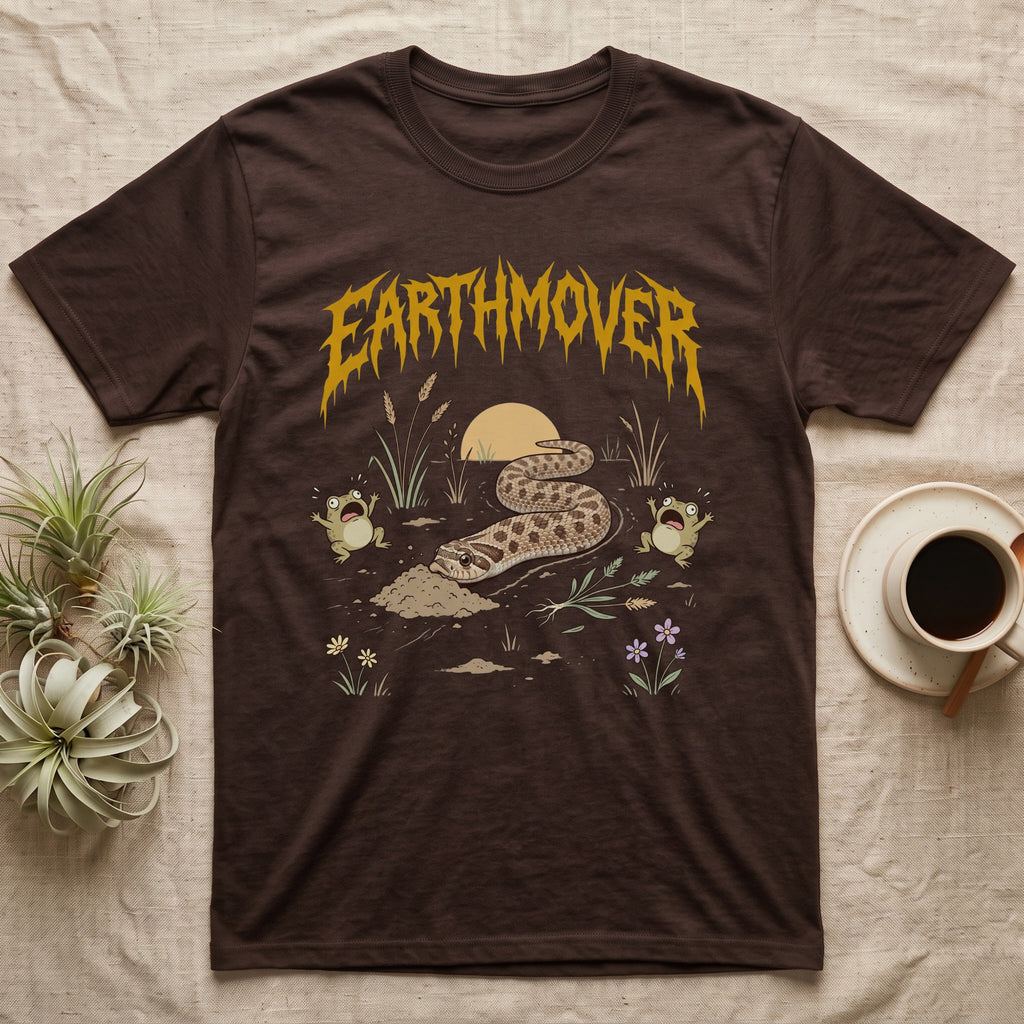 Western Hognose Earthmover T-Shirt in Dark Chocolate — Western hognose snake bulldozing a mound of dirt as two frogs scream, under dripping EARTHMOVER lettering with a low sun and wildflowers.