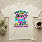 Axolotl Regeneration Rocks T-Shirt in Natural — Neon 90s cartoon pink axolotl in shades flexing under "Regeneration Rocks" lettering.