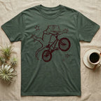 Crested Gecko BMX T-Shirt in Military Green — Distressed one-ink oxblood screenprint of a crested gecko airborne on a BMX bike mid-barspin, front hands thrown wide, back feet gripping the pedals.