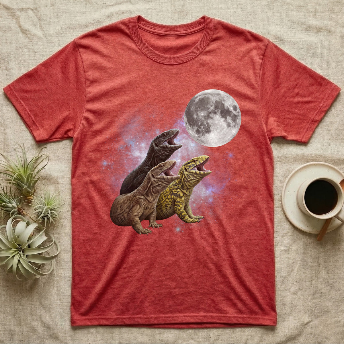 Savannah Monitor Moon Howl T-Shirt in Heather Red — Three Savannah Monitor colour morphs howling at a full moon over a nebula on a dark grey t-shirt.