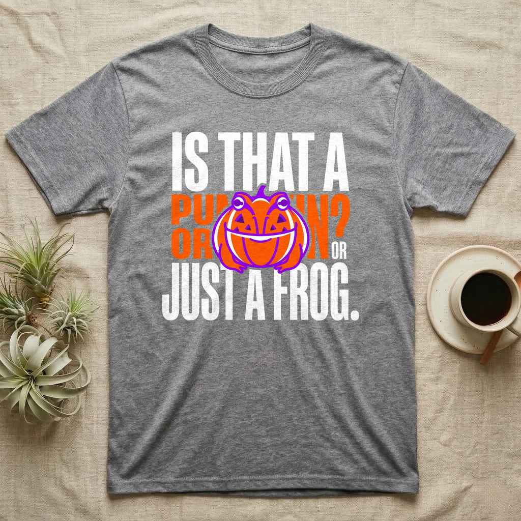 Frog Jack-O'-Lantern Illusion T-Shirt in Sport Grey — Typographic graphic of an orange frog doubling as a jack-o'-lantern, "Is That a Pumpkin? Or Just a Frog."