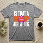 Frog Jack-O'-Lantern Illusion T-Shirt in Sport Grey — Typographic graphic of an orange frog doubling as a jack-o'-lantern, "Is That a Pumpkin? Or Just a Frog."