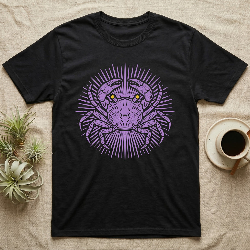 Vampire Crab Folk Medallion T-Shirt in Black — Violet woodblock vampire crab seen face-on, its raised claws cut into a contained folk sunburst medallion.