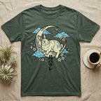 Green t-shirt with a rabbit on a crescent moon, surrounded by clouds and flowers.