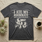 California Kingsnake Ate My Roommate T-Shirt in Dark Heather — One-ink white California kingsnake portrait on black, black-and-cream banding, under the words I ATE MY ROOMMATE and that is why I live alone.