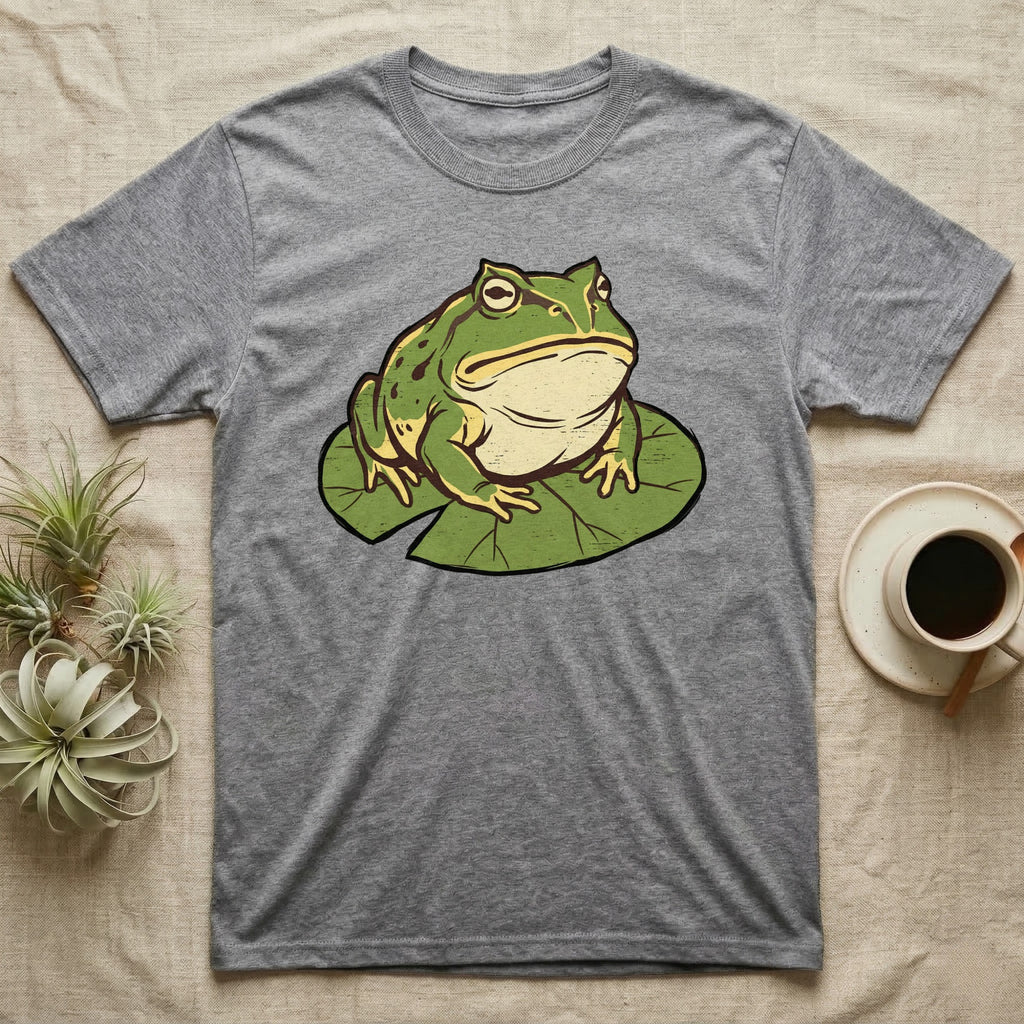 Grey t-shirt with cartoon frog sitting on a lily pad.