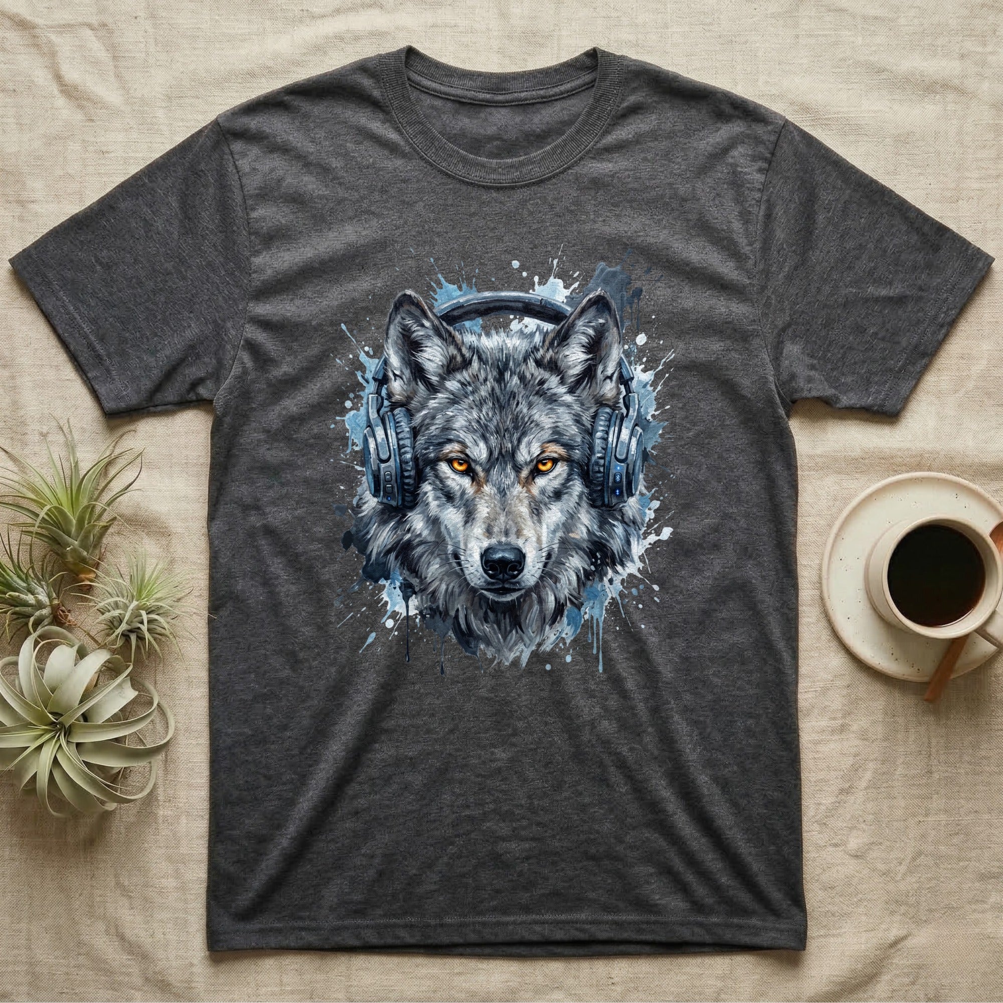 Dark grey t-shirt with a watercolor wolf wearing headphones.