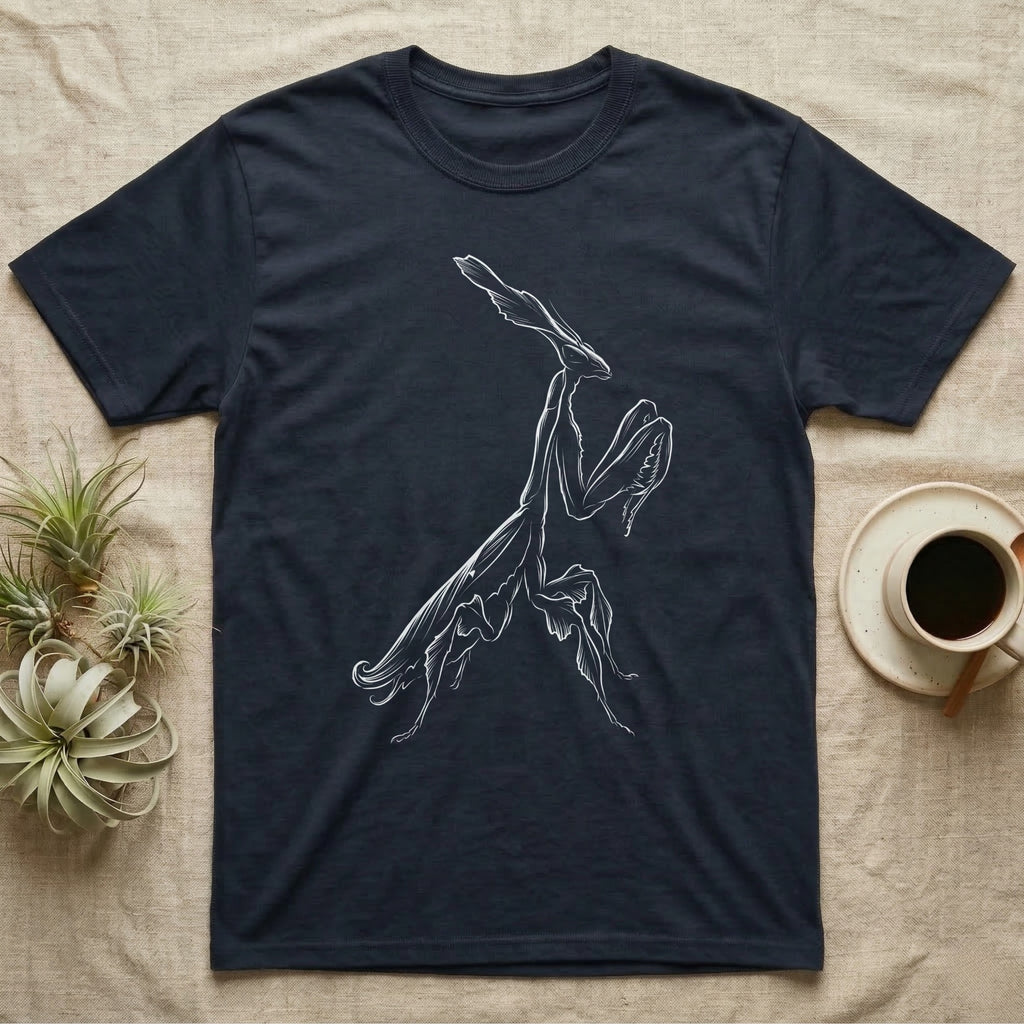 Ghost Mantis Rim Light T-Shirt in Navy — Ghost mantis in profile drawn only as a pale rim of light on black, tall leaf crest raised and legs lobed like leaves.