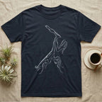 Ghost Mantis Rim Light T-Shirt in Navy — Ghost mantis in profile drawn only as a pale rim of light on black, tall leaf crest raised and legs lobed like leaves.
