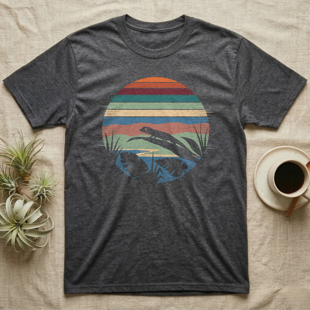 Mourning Gecko Window T-Shirt in Dark Heather — Mourning gecko silhouetted on a leaf inside a broken circular window of flat stepped rainforest colour bands.