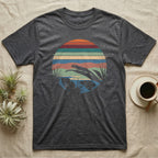 Mourning Gecko Window T-Shirt in Dark Heather — Mourning gecko silhouetted on a leaf inside a broken circular window of flat stepped rainforest colour bands.
