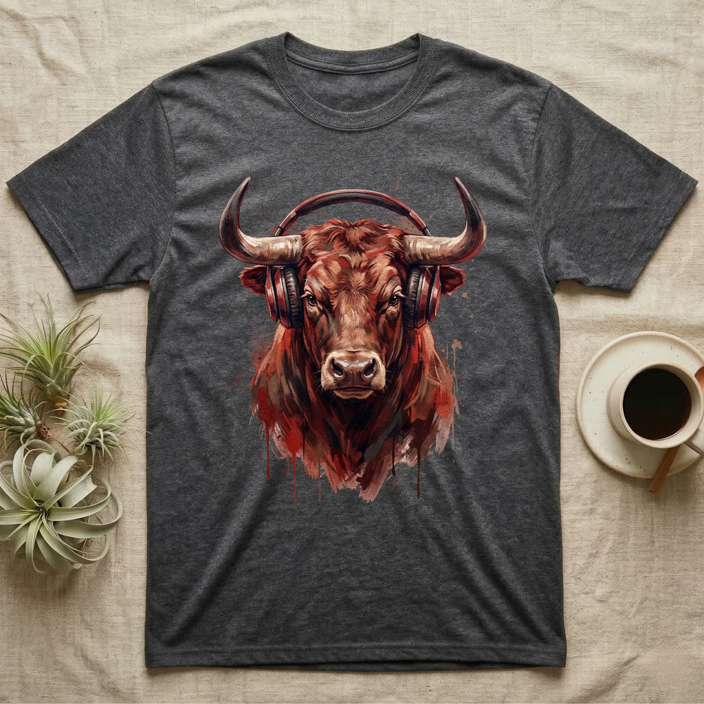 Dark gray t-shirt featuring a watercolor illustration of a bull wearing headphones.