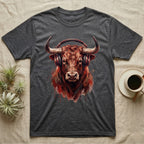 Dark gray t-shirt featuring a watercolor illustration of a bull wearing headphones.