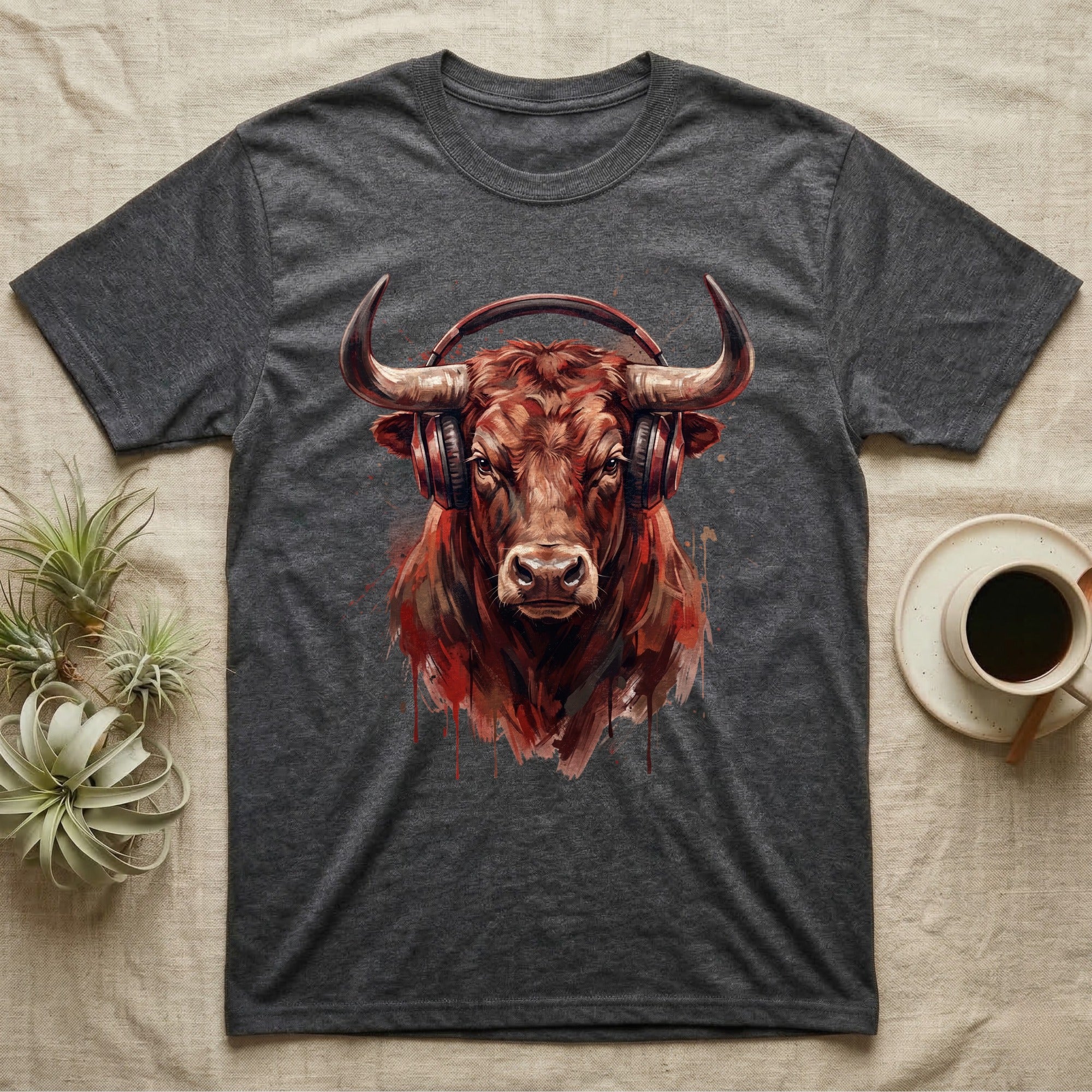 Dark gray t-shirt featuring a watercolor illustration of a bull wearing headphones.