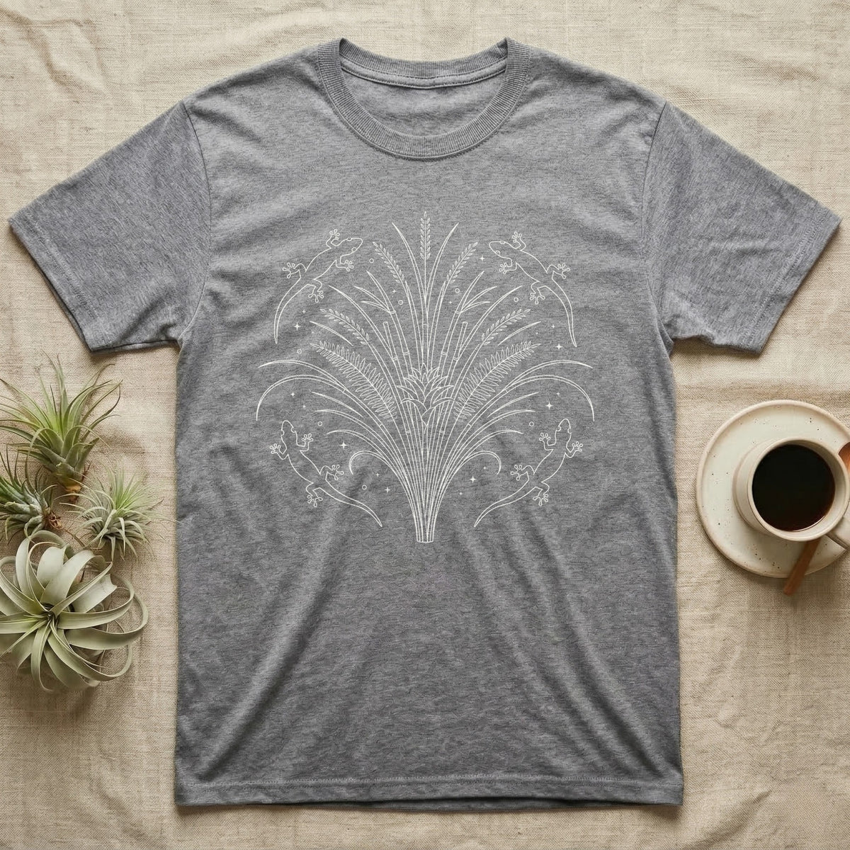 Giant Day Gecko Fountain T-Shirt in Sport Grey — Five Madagascar giant day geckos ringing a fine white hairline fountain of bamboo, fern and bromeliad on black.