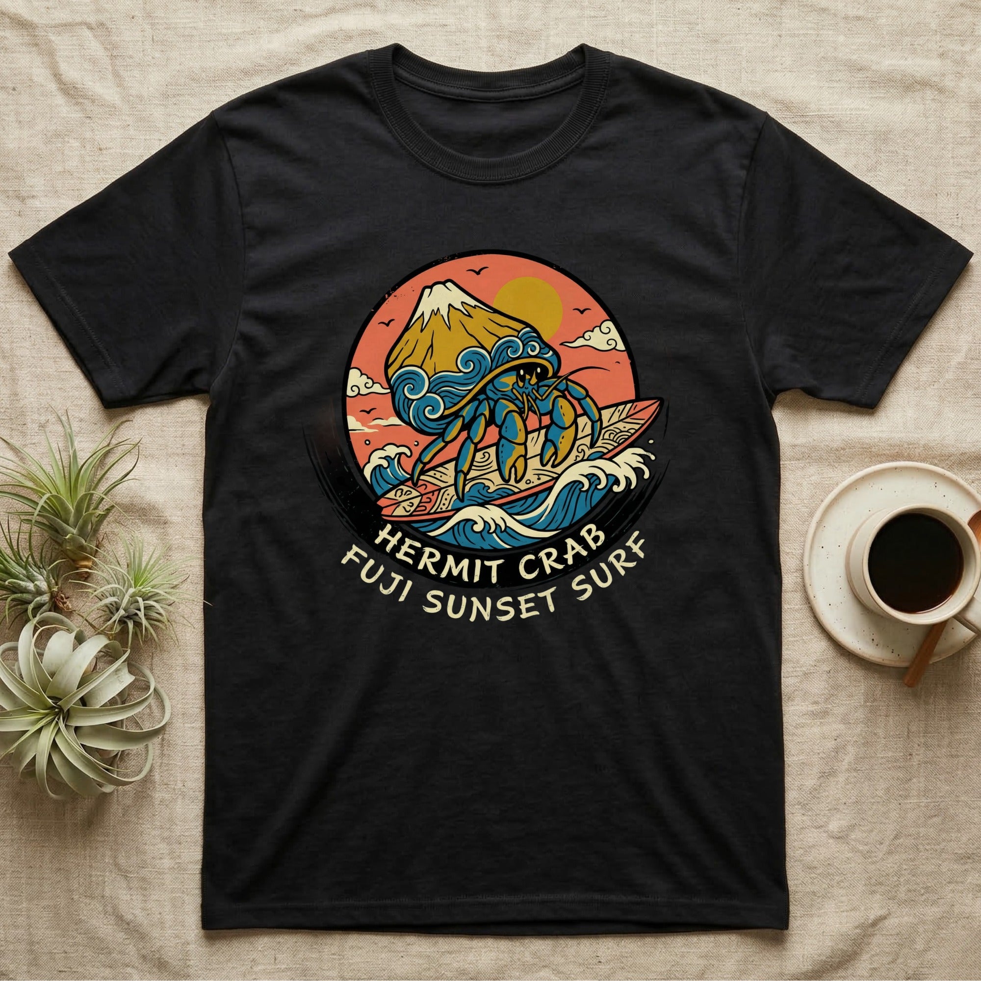 Hermit crab surfing on a wave at sunset with Mount Fuji in the background.