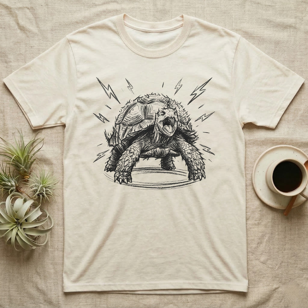 Sulcata Tortoise Charcoal Grit T-Shirt in Natural — Sulcata tortoise drawn head-on in scribbled charcoal grit, legs braced wide, zigzag bolts thrown out around it.
