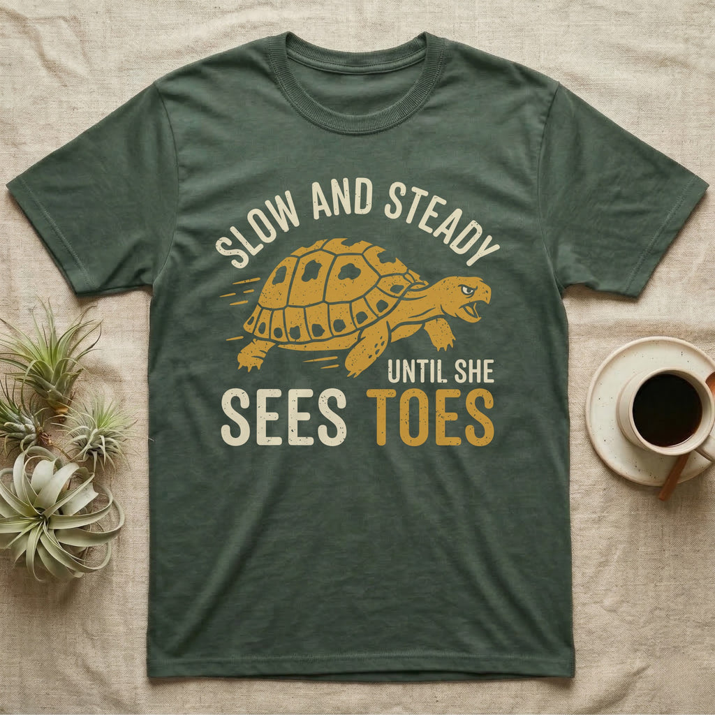 Hermann's Tortoise Toes T-Shirt in Military Green — Golden ochre Hermann's tortoise charging to the right under arched cream words Slow And Steady, with Until She Sees Toes below
