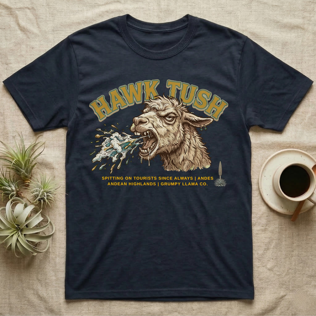 Navy t-shirt with "Hawk Tush Spitting on Tourists" graphic featuring a llama.
